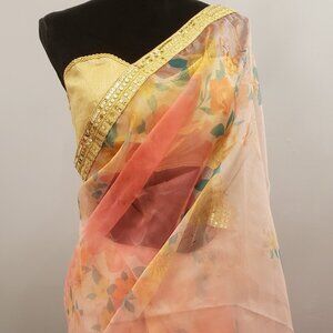 Floral Gold Saree with Readymade Strapless Blouse Size Small 38